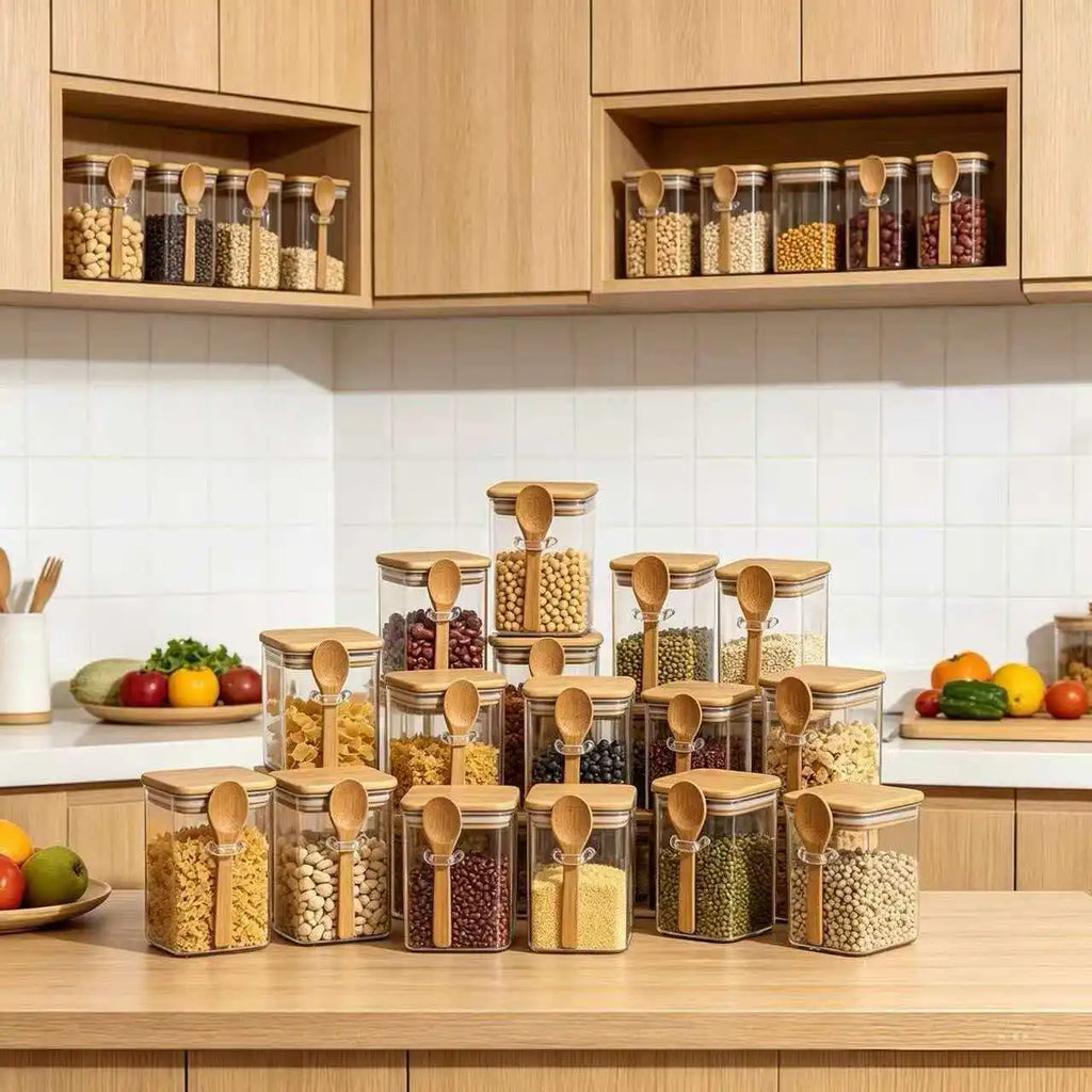 Square Glass Storage Jars with Bamboo Lids & Spoons (4/6/10/12pc set)