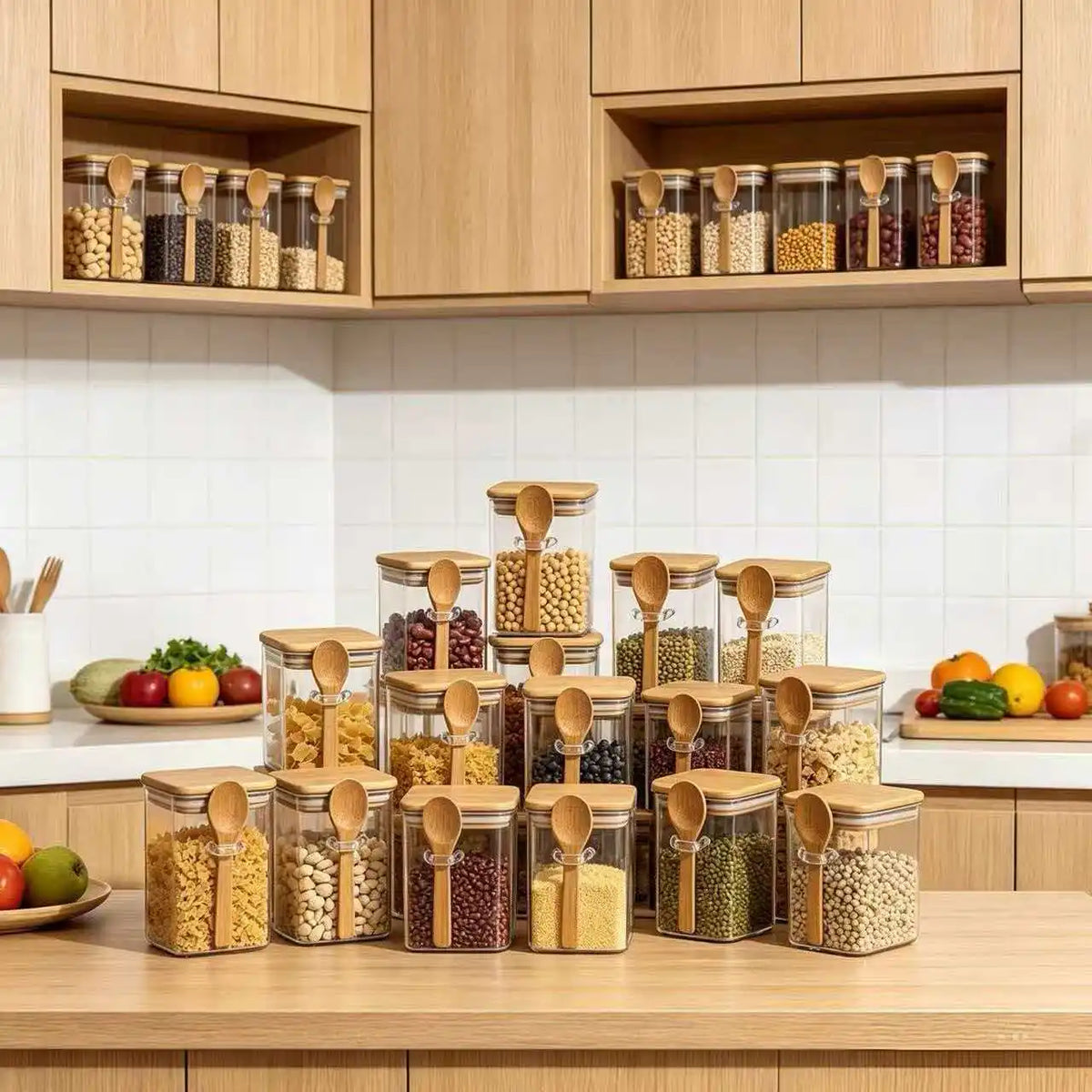 Square Glass Storage Jars with Bamboo Lids & Spoons (4/6/10/12pc set)