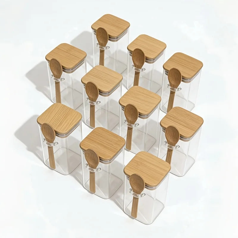 Square Glass Storage Jars with Bamboo Lids & Spoons (4/6/10/12pc set)