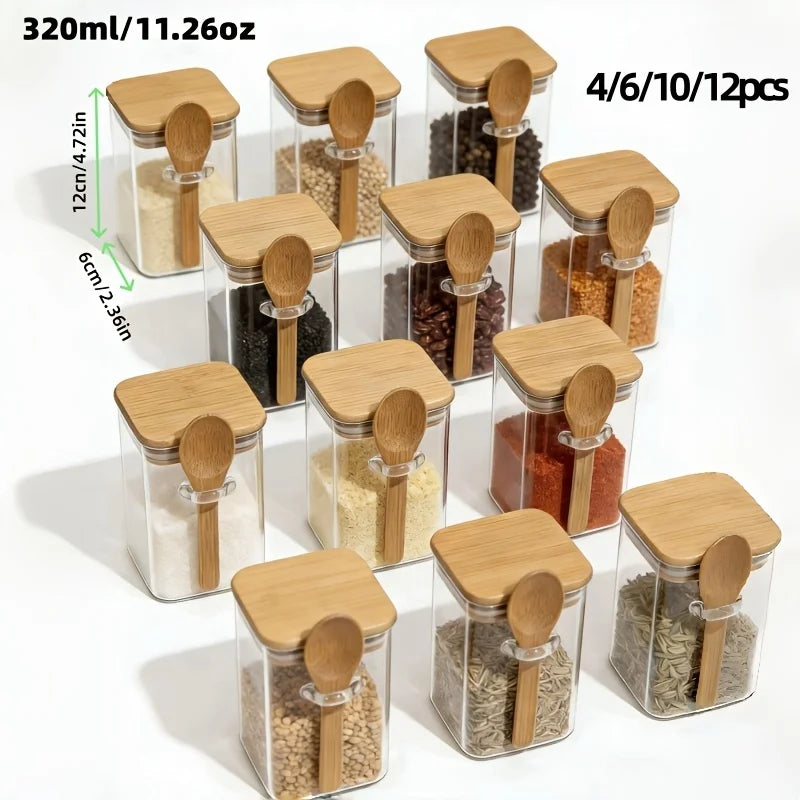 Square Glass Storage Jars with Bamboo Lids & Spoons (4/6/10/12pc set)