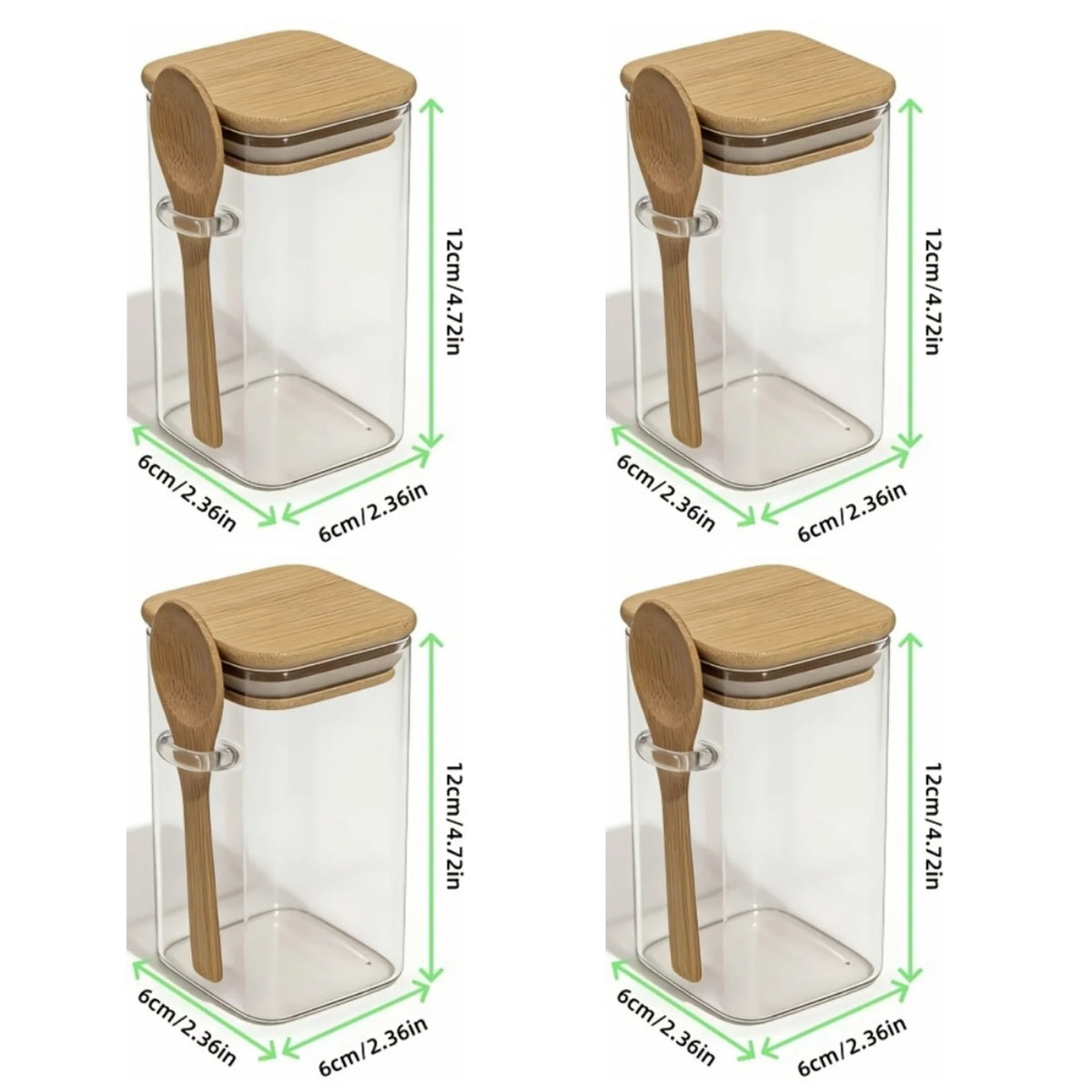 Square Glass Storage Jars with Bamboo Lids & Spoons (4/6/10/12pc set)