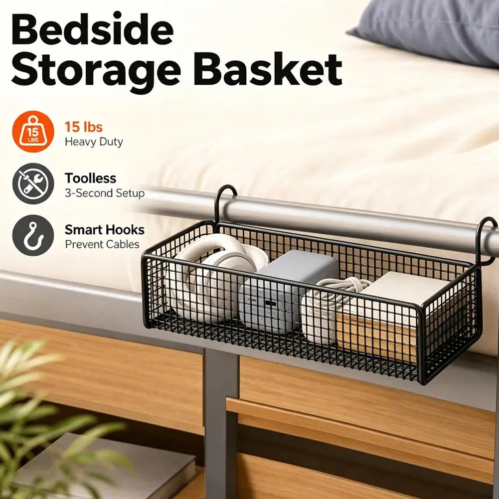 Bedside Hanging Storage Basket – Metal Bed Rail Organiser