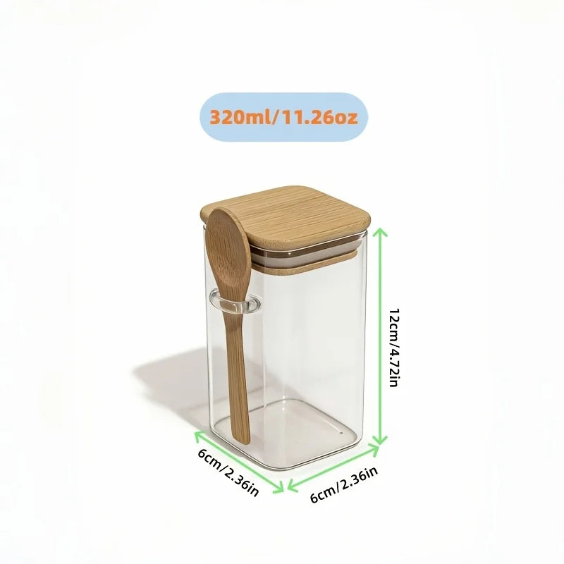 Square Glass Storage Jars with Bamboo Lids & Spoons (4/6/10/12pc set)