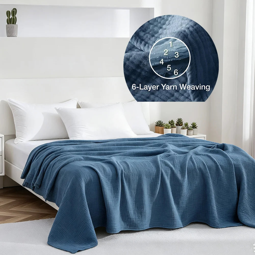 6 Layers Cotton Muslin Blankets Lightweight Cotton Throw Cooling Soft Throw Blanket for Year-Round Comfort