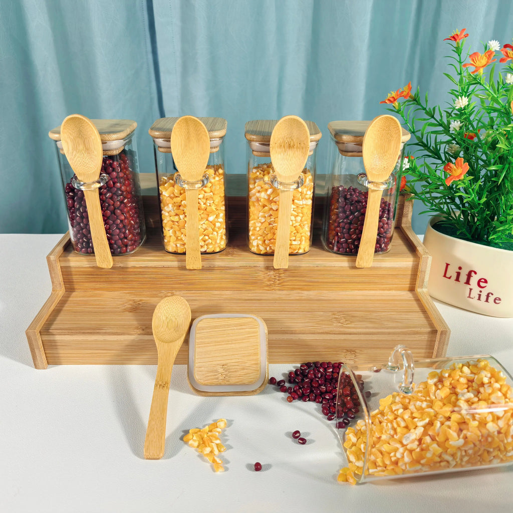 Square Glass Storage Jars with Bamboo Lids & Spoons (4/6/10/12pc set)