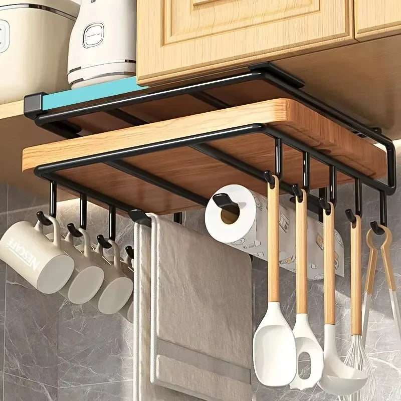 Wall-Mounted Kitchen Storage Rack with Hooks