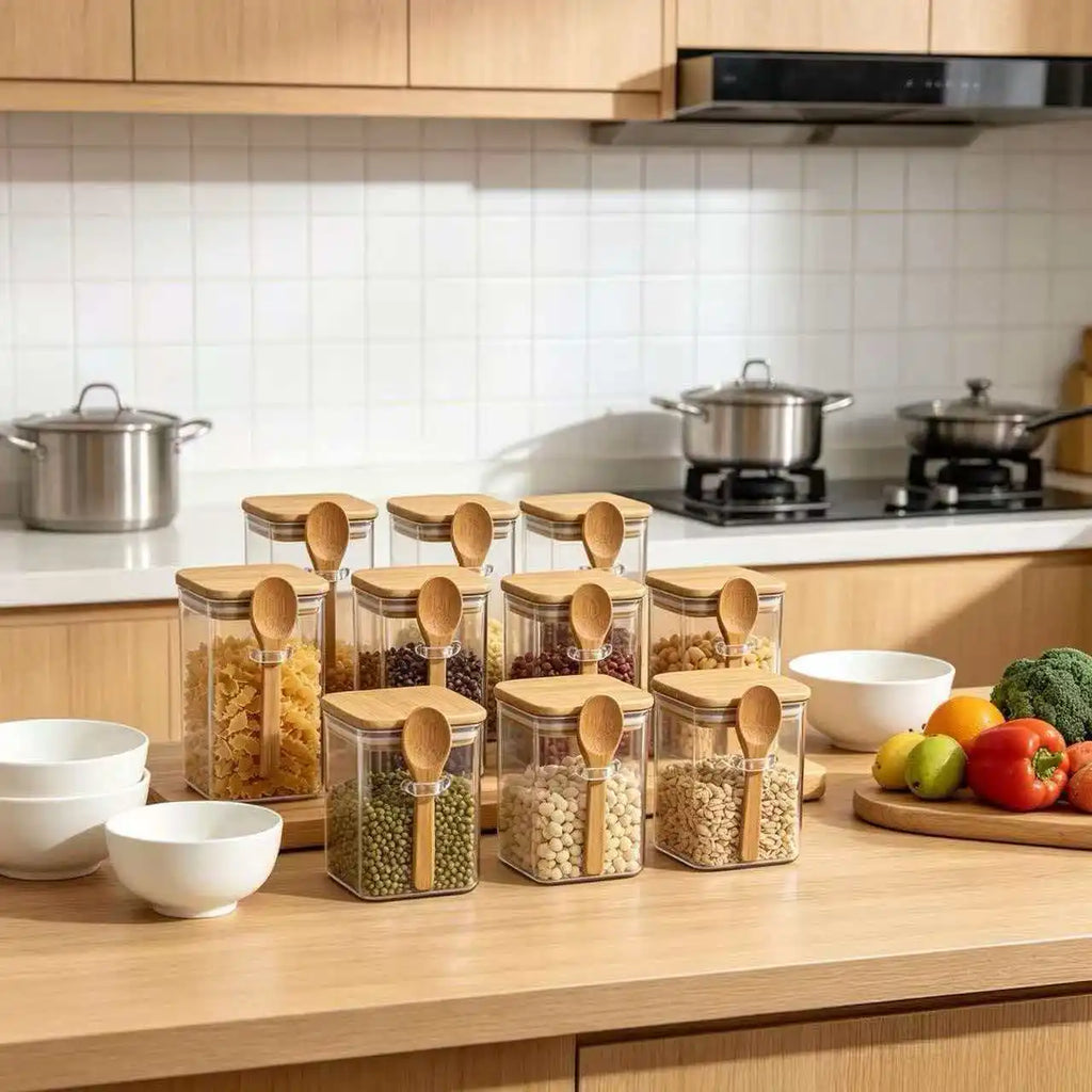 Square Glass Storage Jars with Bamboo Lids & Spoons (4/6/10/12pc set)