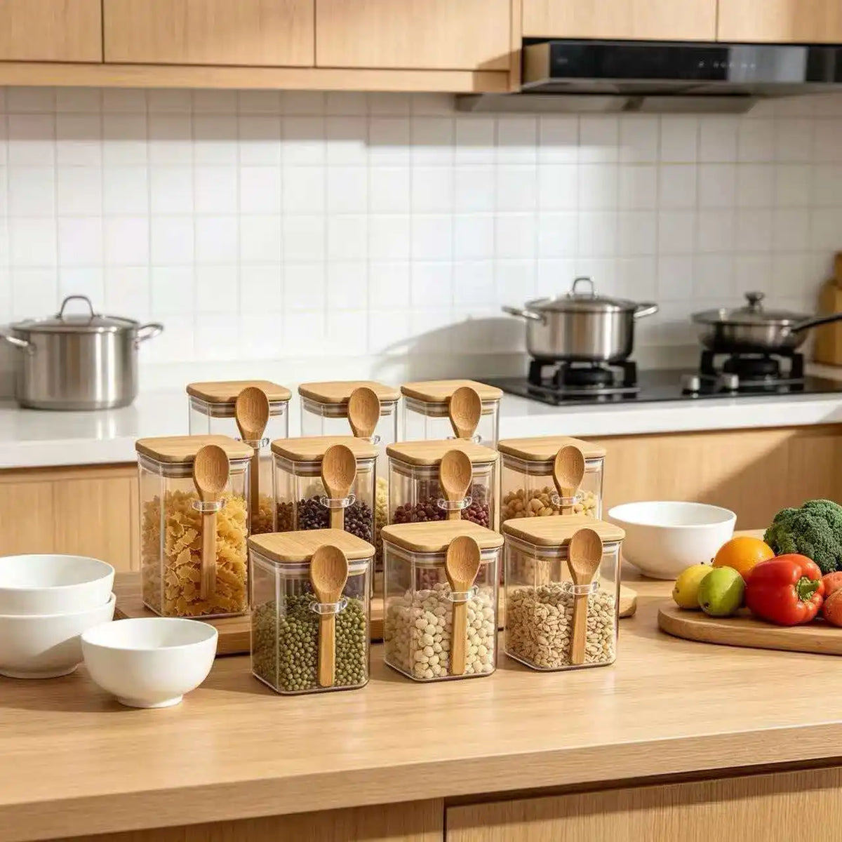 Square Glass Storage Jars with Bamboo Lids & Spoons (4/6/10/12pc set)