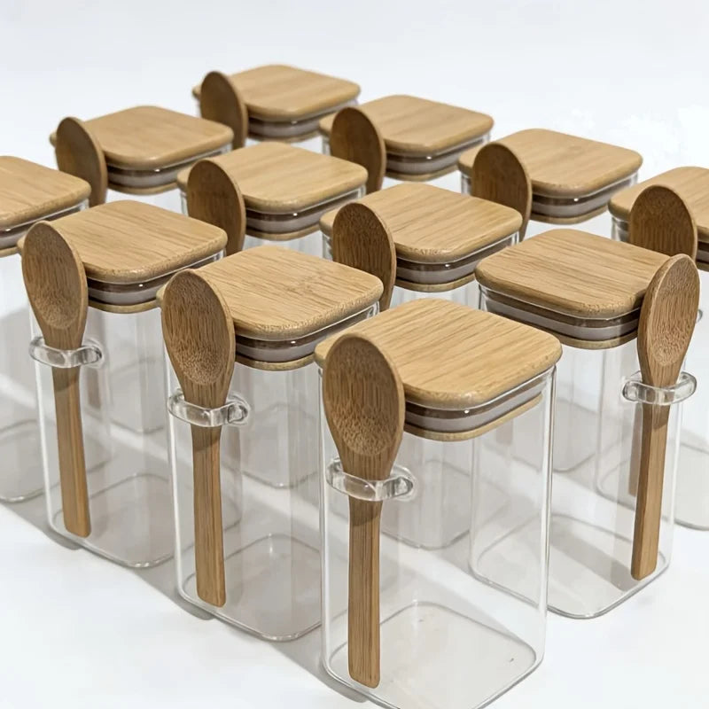Square Glass Storage Jars with Bamboo Lids & Spoons (4/6/10/12pc set)