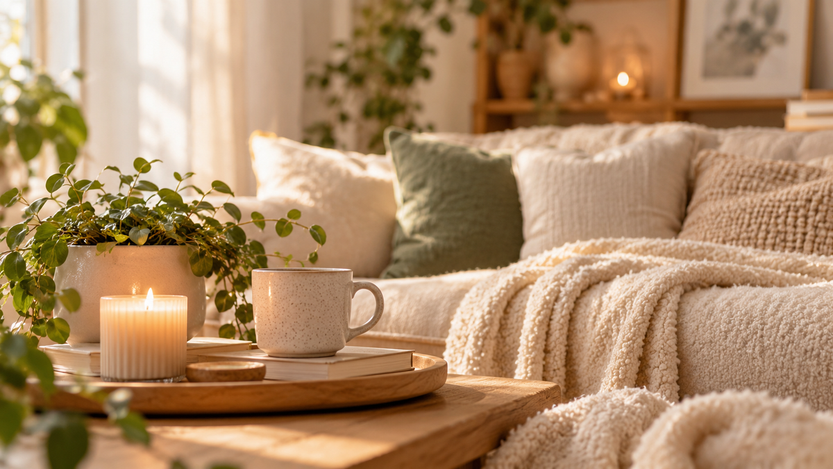 Warm, calm living space with neutral textures, soft lighting and natural greenery