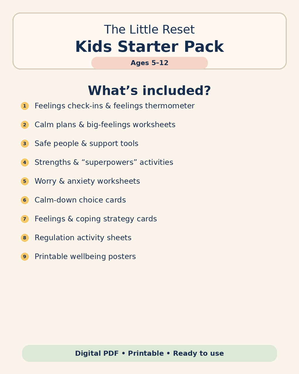 The Little Reset Kids Starter Pack index — what is included