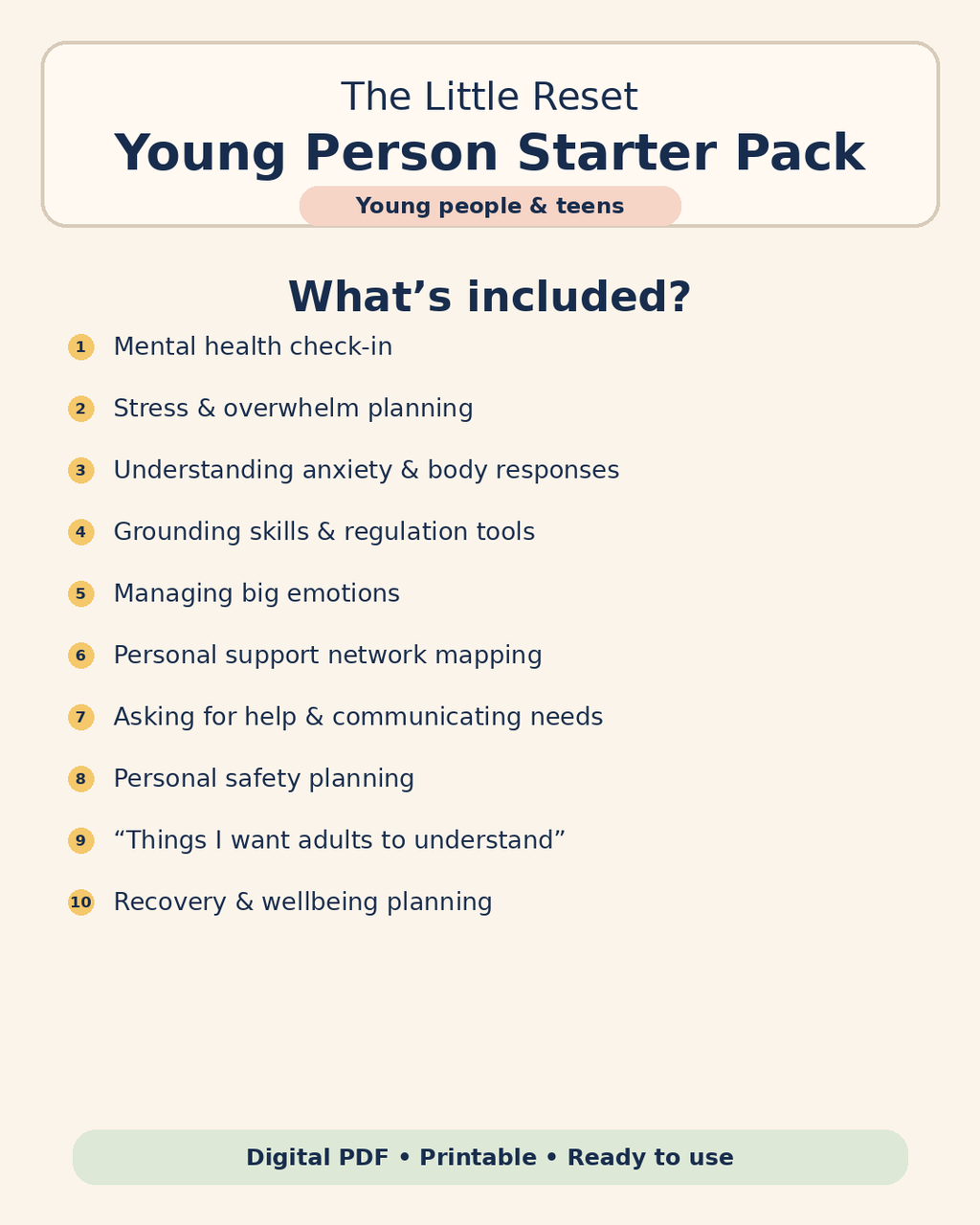 The Little Reset Young Person Starter Pack index — what is included