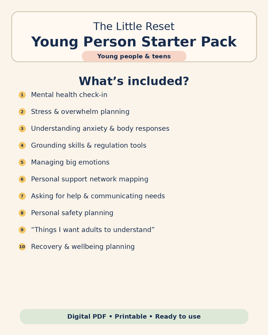 The Little Reset Young Person Starter Pack index — what is included